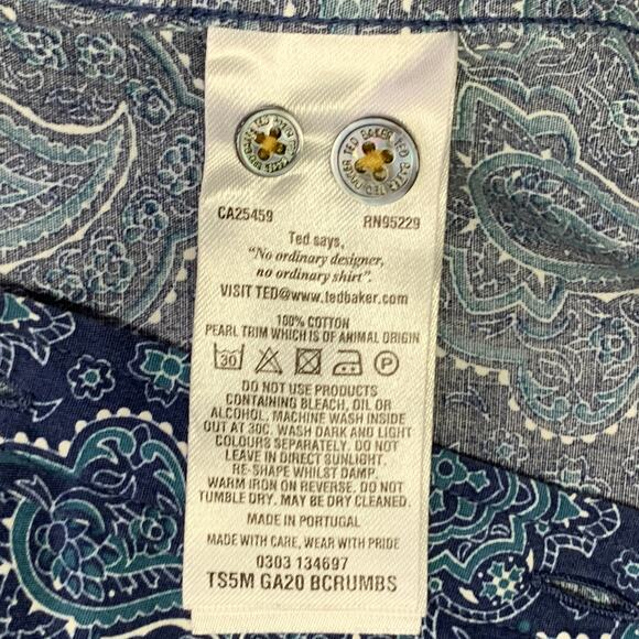 TED BAKER XS Bcrumbs Navy Green Paisley Cotton Spread Collar Short Sleeve Shirt - Picture 6 of 6